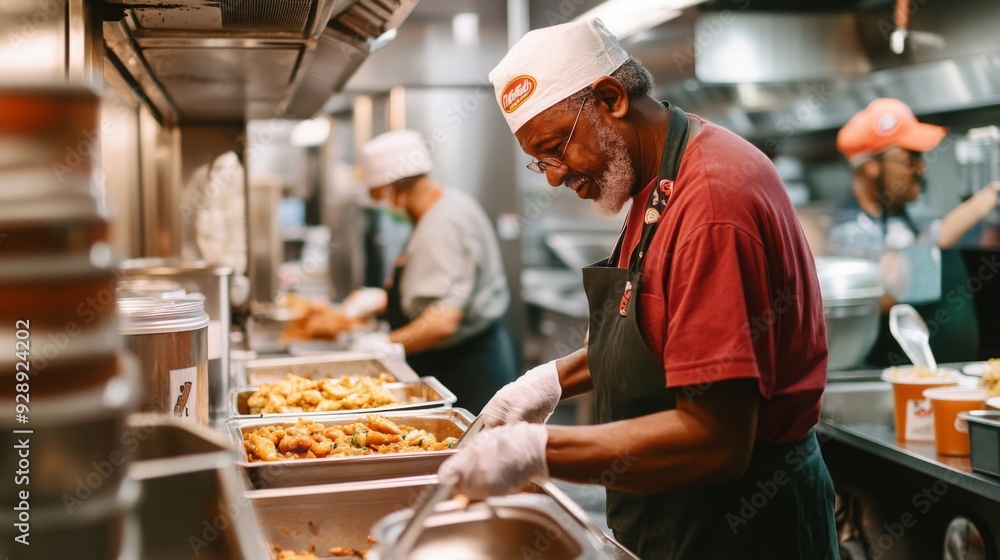 Volunteers are working together in a community kitchen, preparing delicious meals and serving food to those in need. Volunteers are working together in a community kitchen, preparing delicious meals and serving food to those in need.
