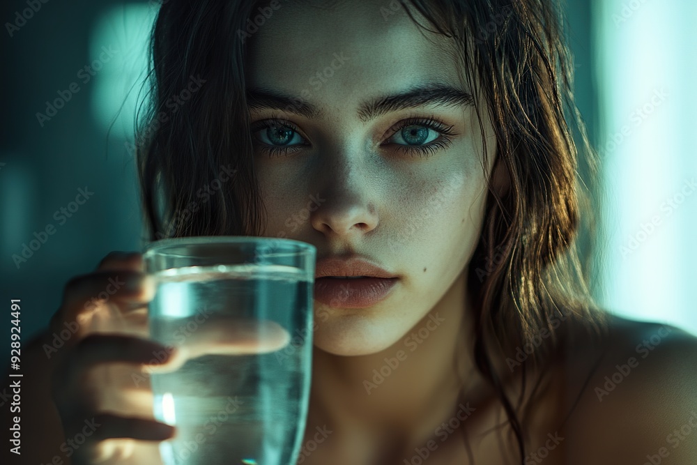 Female with Water and Supplements in Hand, Indoors Female with Water and Supplements in Hand, Indoors