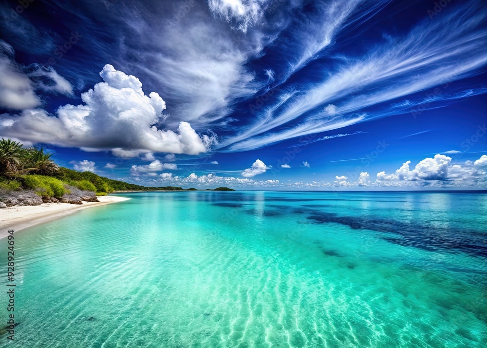 Tranquil Azure Shoreline: Mood/Style: Serene, Relaxed; Technical: High Contrast, Desaturated; Color: Blue, Teal; Concept: Coastal Relaxation Tranquil Azure Shoreline: Mood/Style: Serene, Relaxed; Technical: High Contrast, Desaturated; Color: Blue, Teal; Concept: Coastal Relaxation