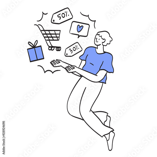 Online shopping and E-commerce vector illustration. Sale, orders online, delivery, loyalty program. Concept of sale, discount special coupon for web banner, social media ads and emails. Black Friday.