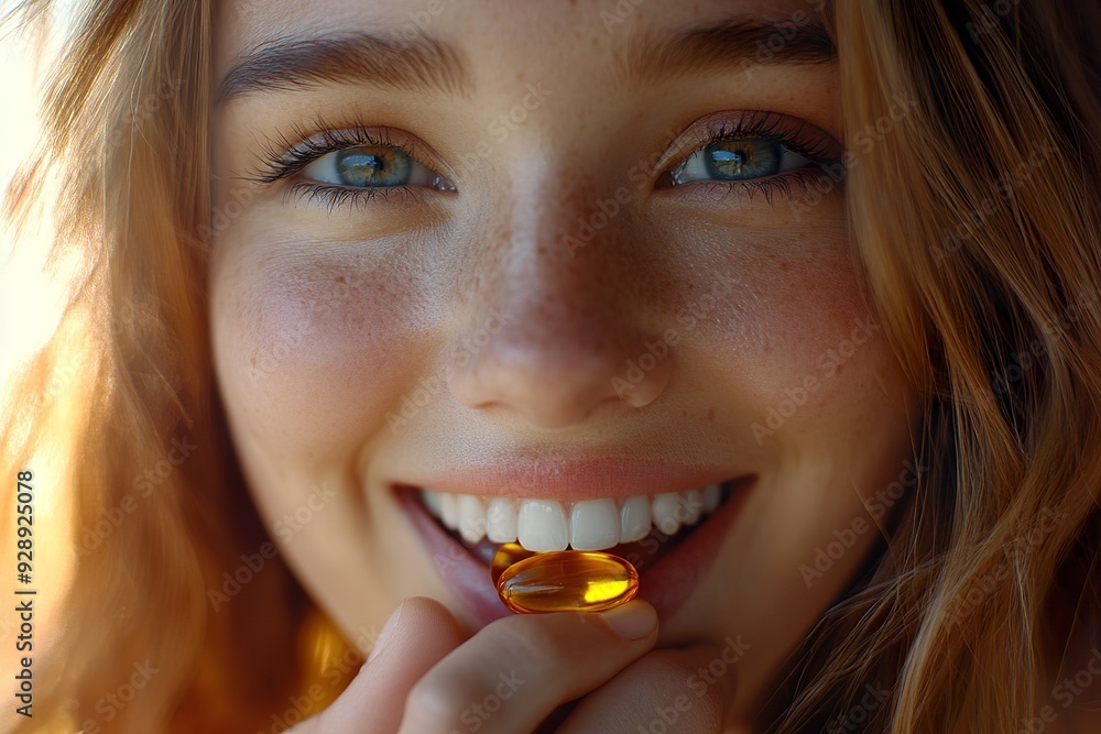 Happy Woman in Close-Up, Ingesting Omega-3 Cod Liver Oil Pill Happy Woman in Close-Up, Ingesting Omega-3 Cod Liver Oil Pill