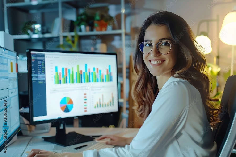Businesswoman working on computer with graphs and charts Businesswoman working on computer with graphs and charts