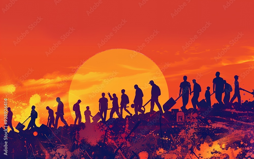 Silhouettes of people walking towards the sunset with a bright yellow sun and an orange sky. Silhouettes of people walking towards the sunset with a bright yellow sun and an orange sky.
