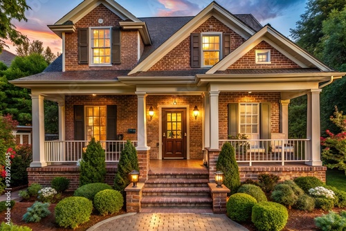 Warm Embrace of Homely Shelter: Tranquil, Protective, Earthy Hues, Brick Facade, Inviting Porch