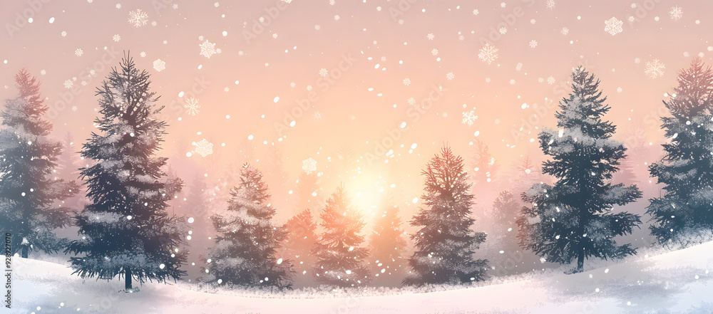 a serene pine forest blanketed in snow, bathed in the warm, pale pink glow of a sunset, with delicate snowflakes drifting through the tranquil atmosphere. a serene pine forest blanketed in snow, bathed in the warm, pale pink glow of a sunset, with delicate snowflakes drifting through the tranquil atmosphere.