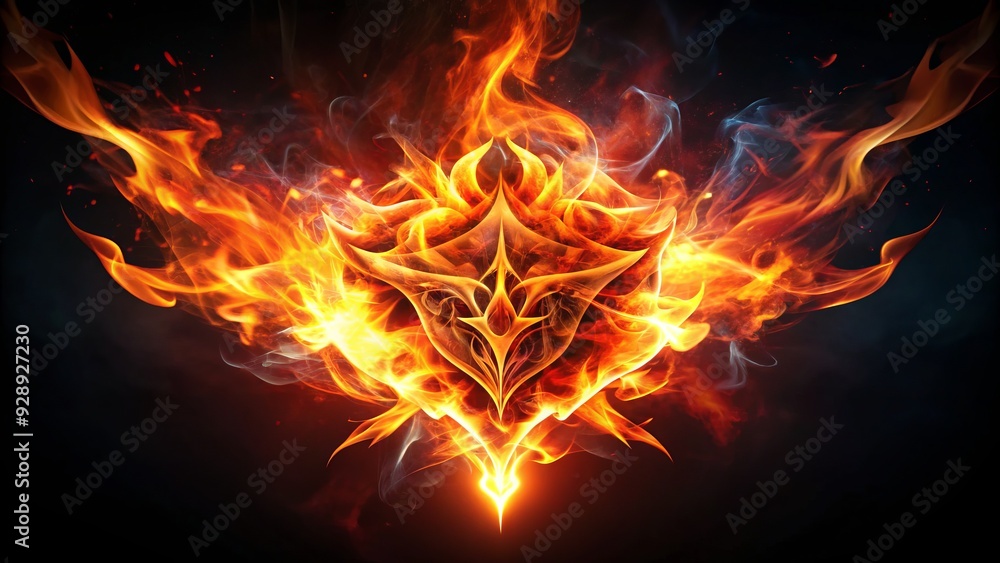 Fototapeta premium Flames engulf a stylized, abstract symbol, representing passion, energy, and transformation, set against a dark, smoky background, evoking a sense of intensity and power.