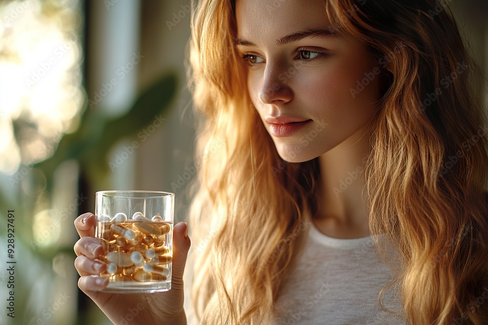 Indoor Setting Woman Holding Supplements and Glass of Water Indoor Setting Woman Holding Supplements and Glass of Water