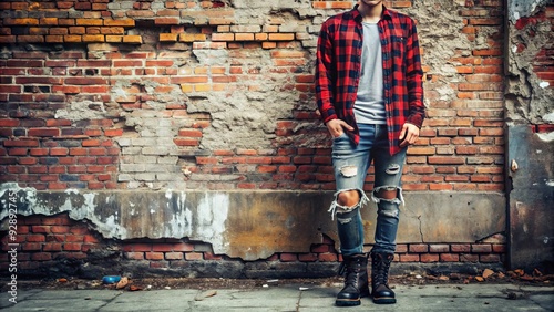 Flannel-shirted individual with ripped jeans and black boots stands against a worn, brick wall, surrounded by abstract, striped graffiti and urban decay. photo