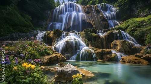 A cascading waterfall flows over moss-covered rocks into a tranquil pool surrounded by vibrant wildflowers.