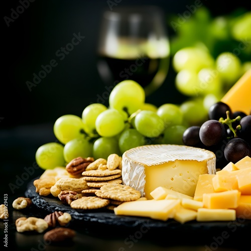 A platter of assorted cheeses with grapes, nuts, and crackers, perfect for a wine tasting