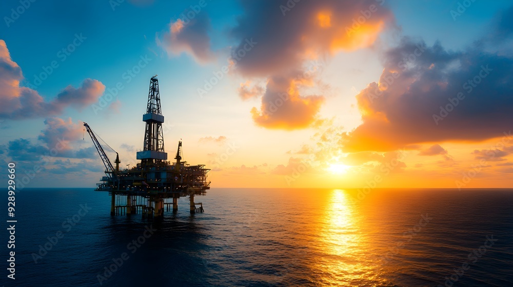 Scenic view of an offshore oil rig under a glowing sunset, with the platform s structure standing tall against the fading light Scenic view of an offshore oil rig under a glowing sunset, with the platform s structure standing tall against the fading light