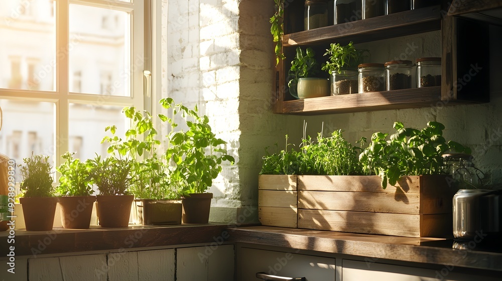 Fototapeta premium Sunlit Indoor Herb Garden in Rustic Kitchen Setting with Aromatic Plants