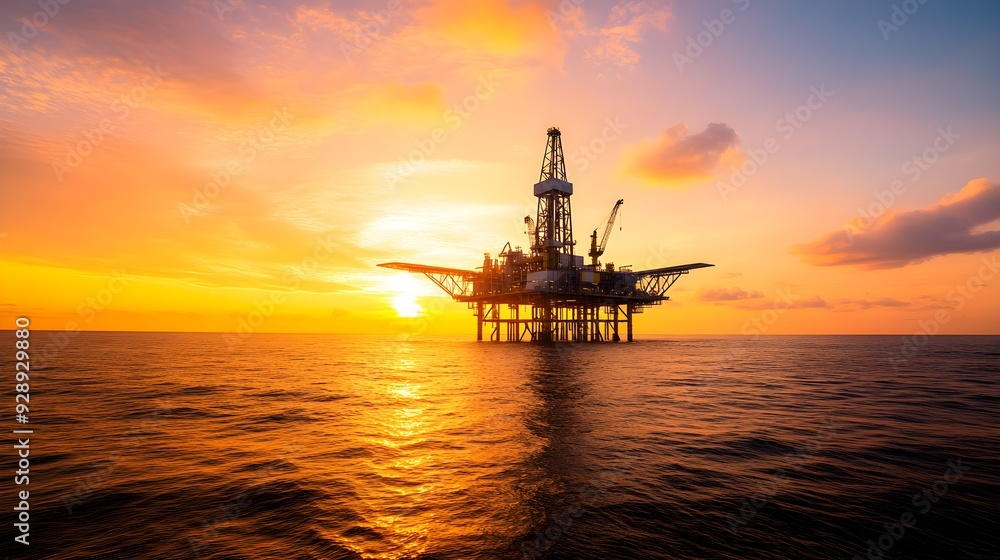 Majestic view of an offshore oil platform silhouetted against a vibrant sunset, with the golden sky reflecting on the calm ocean waters Majestic view of an offshore oil platform silhouetted against a vibrant sunset, with the golden sky reflecting on the calm ocean waters