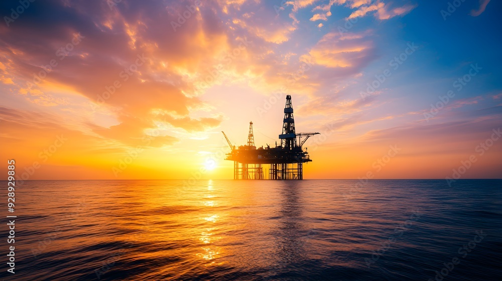 Majestic view of an offshore oil platform silhouetted against a vibrant sunset, with the golden sky reflecting on the calm ocean waters Majestic view of an offshore oil platform silhouetted against a vibrant sunset, with the golden sky reflecting on the calm ocean waters