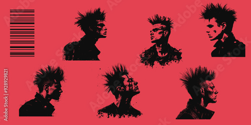 Trendy brutalist elements with a retro photocopy effect. y2k elements for design. mohawk, male, punk, brutalism. Grain effect and stippling. Vector dots texture.