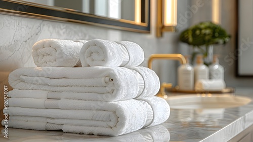 White towels rolled up on a marble countertop in a bathroom. photo