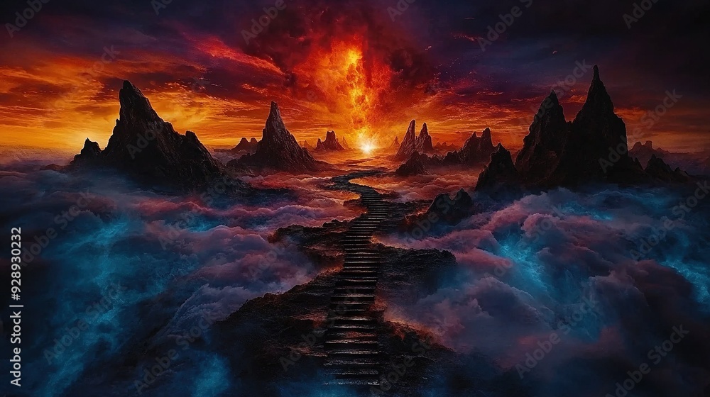 A staircase ascends into a sky full of vibrant red and blue clouds, illuminated by the warm glow of sunset in this captivating painting (41 tokens A staircase ascends into a sky full of vibrant red and blue clouds, illuminated by the warm glow of sunset in this captivating painting (41 tokens
