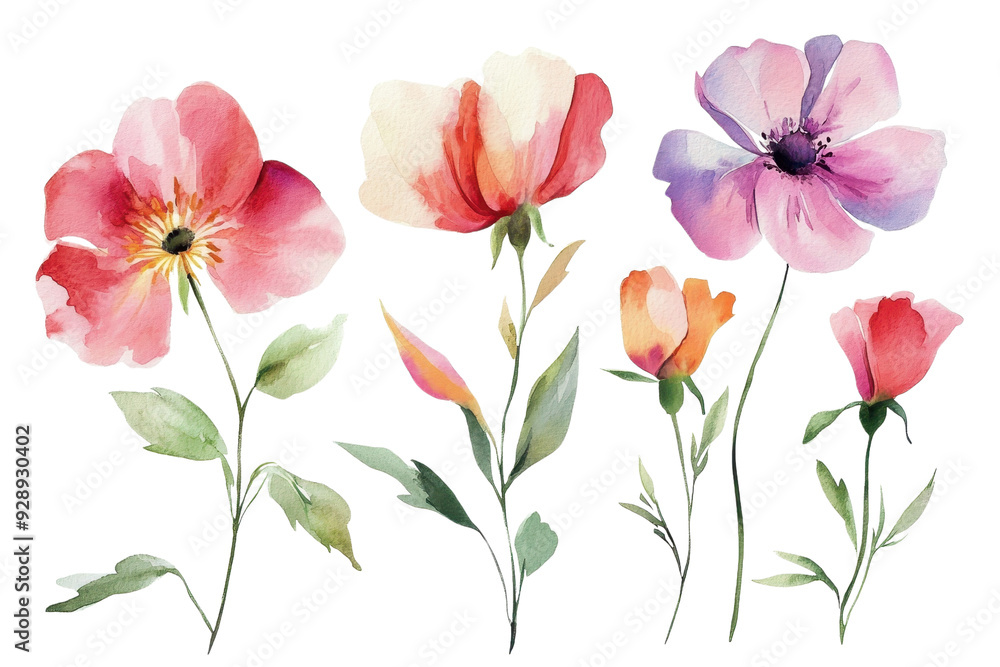 Watercolor illustration of vibrant flowers with green leaves. Ideal for art designs, greeting cards, posters, and floral prints.