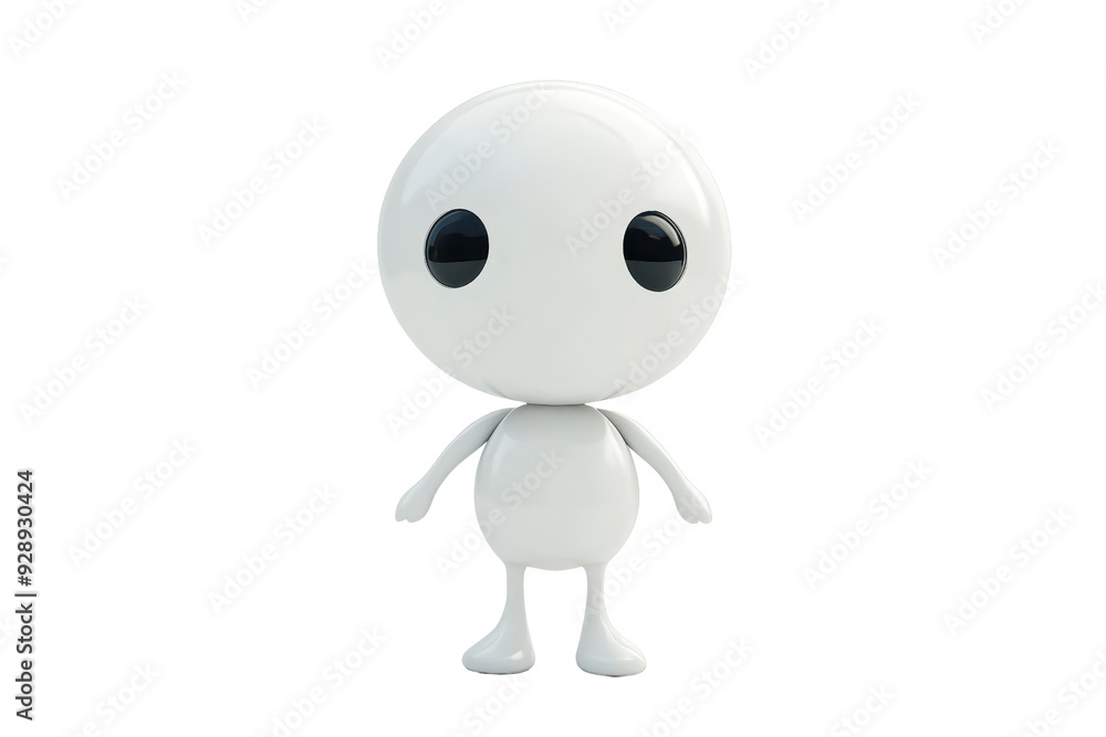 White 3D cartoon robot with a round head and big eyes stands on an isolated transparent background. looking forward. White 3D cartoon robot with a round head and big eyes stands on an isolated transparent background. looking forward.