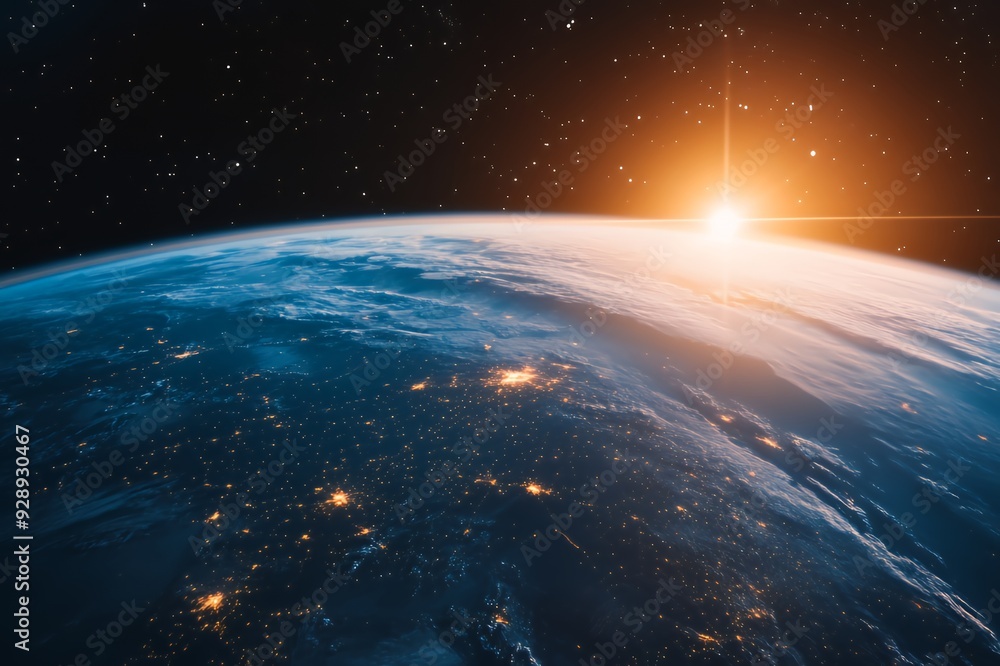 A stunning view of the Earth from space with the sun setting over the horizon. The planet is illuminated by city lights, and the atmosphere is filled with swirling clouds. A stunning view of the Earth from space with the sun setting over the horizon. The planet is illuminated by city lights, and the atmosphere is filled with swirling clouds.