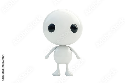 White 3D cartoon robot with a round head and big eyes stands on an isolated transparent background. looking forward.