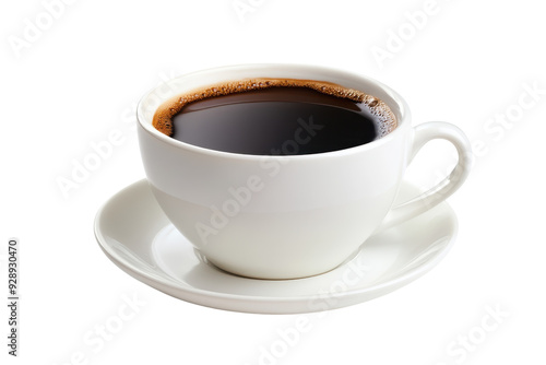 White ceramic cup filled with hot black coffee on a matching saucer, isolated on a transparent background. perfect for morning refreshment imagery.
