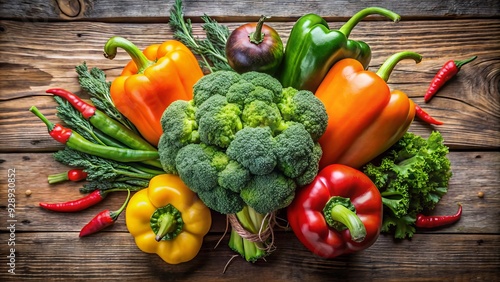 Fresh bunch of vibrant green broccoli, carrots, and bell peppers arranged artfully on a rustic wooden table, symbolizing healthy eating and wholesome nutrition. photo