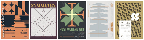 Set modernism art colorful trendy poster, artwork minimalistic and  brutalism style, abstract geometric A4 rave postmodern composition, vector simple shapes print graphic in Y2K aesthetics, set 5