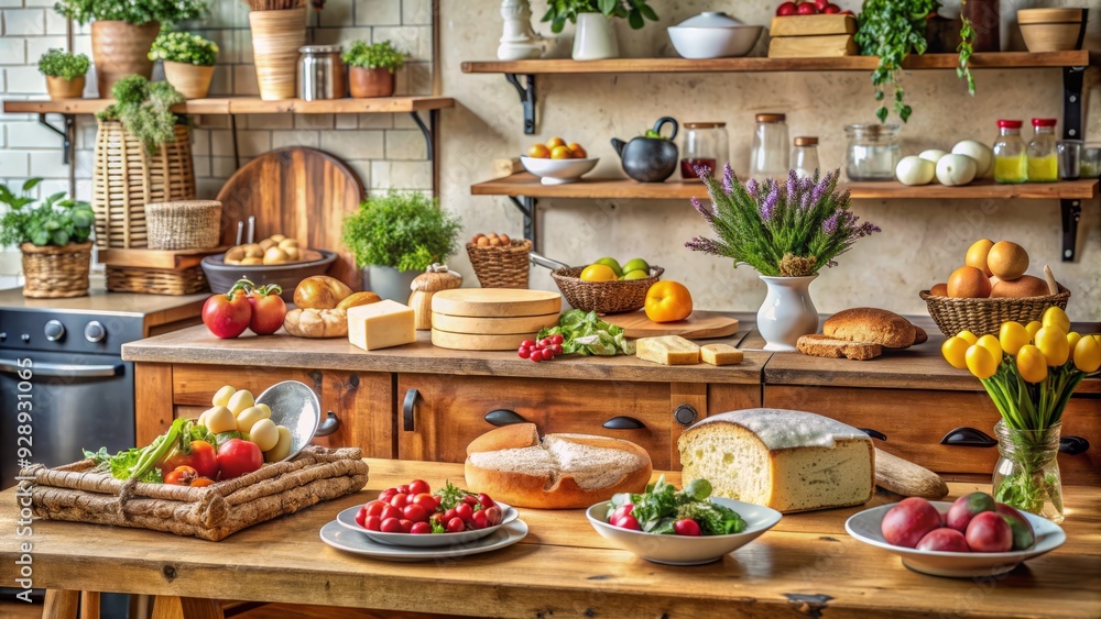 Fresh fruit, artisanal bread, and gourmet cheeses are artfully arranged on a rustic wooden kitchen counter, surrounded by modern appliances and sleek countertops. Fresh fruit, artisanal bread, and gourmet cheeses are artfully arranged on a rustic wooden kitchen counter, surrounded by modern appliances and sleek countertops.