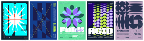 Set modernism art colorful trendy poster, artwork minimalistic and  brutalism style, abstract geometric A4 rave postmodern composition, vector simple shapes print graphic in Y2K aesthetics, set 2