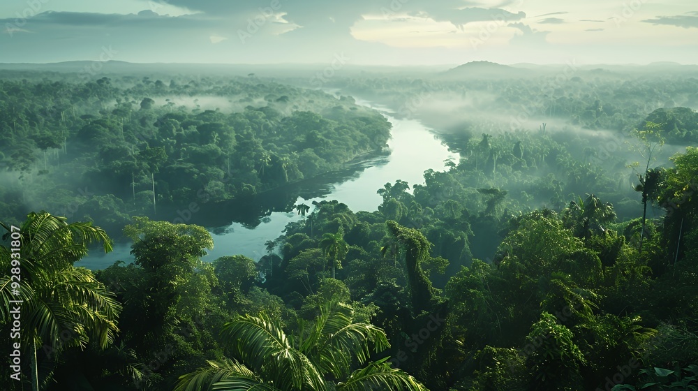 A winding river flows through a dense jungle shrouded in mist. A winding river flows through a dense jungle shrouded in mist.