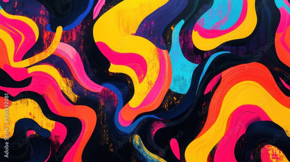 A vibrant, swirling psychedelic pattern with bright neon colors, abstract shapes, 70s-inspired , distorted visuals, and high contrast, set against a deep black background A vibrant, swirling psychedelic pattern with bright neon colors, abstract shapes, 70s-inspired , distorted visuals, and high contrast, set against a deep black background