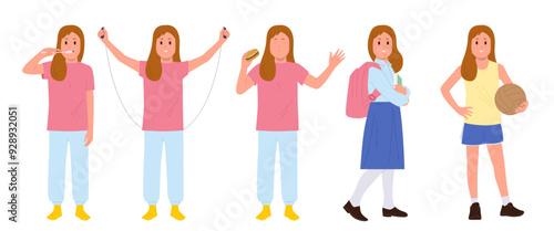 Happy preteen schoolgirl student cartoon characters routine day activity set isolated on white