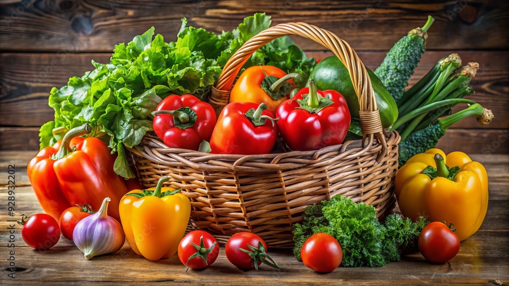 Freshly arranged colorful vegetables, including juicy tomatoes, crisp bell peppers, and vibrant leafy greens, spill out of a rustic wicker basket on a wooden table. Freshly arranged colorful vegetables, including juicy tomatoes, crisp bell peppers, and vibrant leafy greens, spill out of a rustic wicker basket on a wooden table.