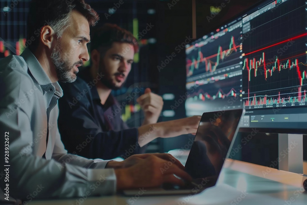 custom made wallpaper toronto digitalTwo Businessmen Analyzing Stock Market Data on Laptop and Monitors