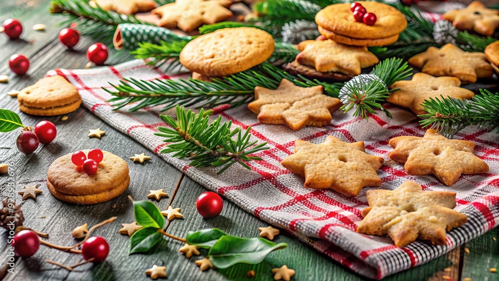 Fototapeta premium Freshly baked Christmas cookies scattered on a festive holiday tablecloth, with a few crumbs and a half-eaten treat laying nearby, surrounded by holly and evergreen.