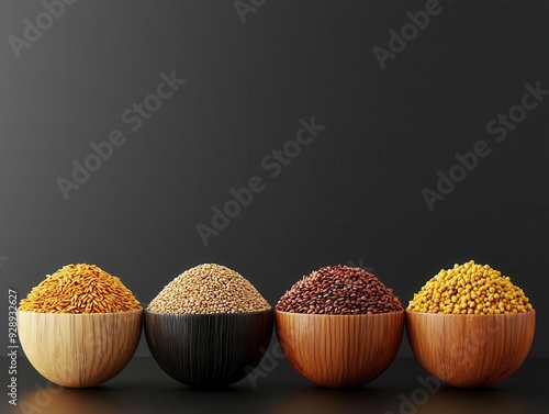 Organic grains, assorted in wooden bowls, 3D illustration