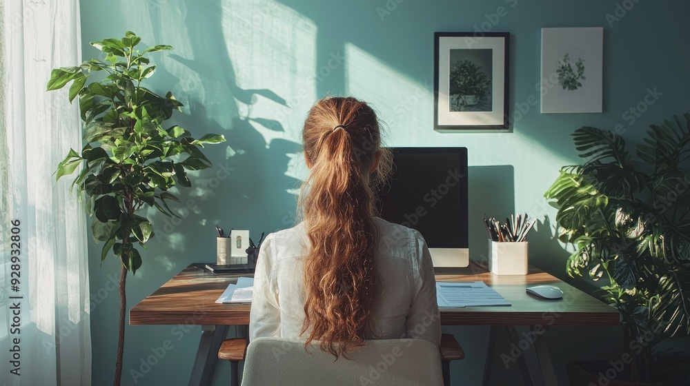 A woman with long red hair sits at a desk with a computer monitor A woman with long red hair sits at a desk with a computer monitor