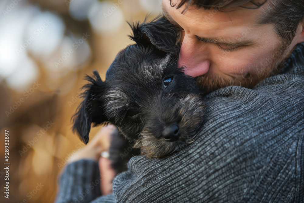 close-up of a middle-aged Caucasian bearded man kissing a black scottish terrier puppy. dog adoption concept, dog lover, owner and pet close-up of a middle-aged Caucasian bearded man kissing a black scottish terrier puppy. dog adoption concept, dog lover, owner and pet