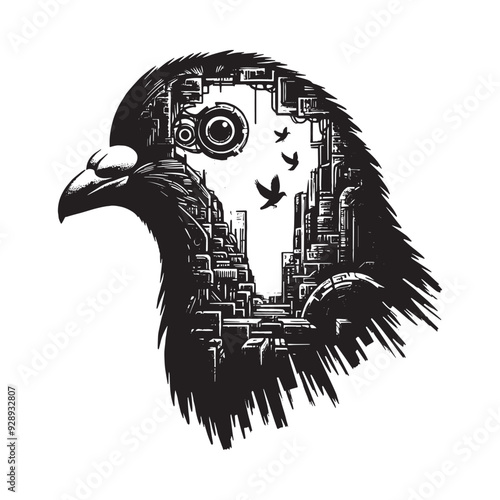 silhouette of Pigeon filled with destroyed futuristic dystopia environment in rough drawing