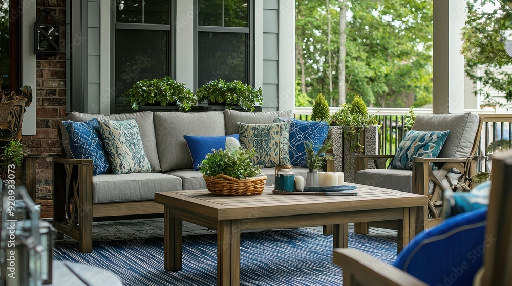 Fototapeta premium A cozy outdoor seating area featuring stylish sofa, decorative pillows, and wooden coffee table, evoking relaxed and inviting atmosphere. 