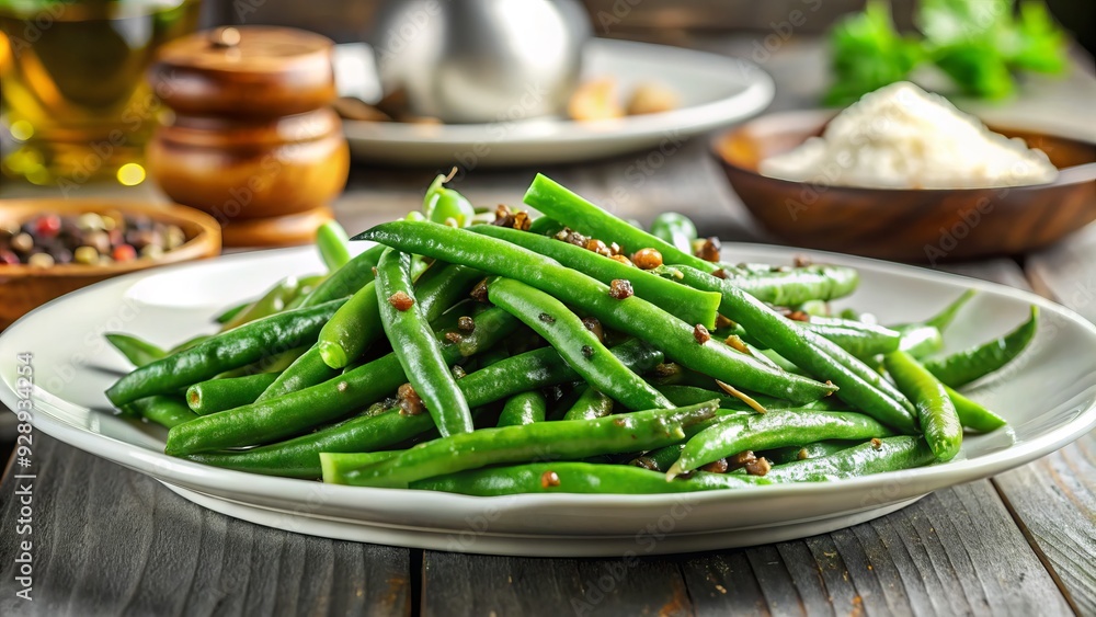 Freshly cooked green beans, steaming hot and seasoned with salt and pepper, are artfully arranged on a white ceramic plate against a blurred background. Freshly cooked green beans, steaming hot and seasoned with salt and pepper, are artfully arranged on a white ceramic plate against a blurred background.