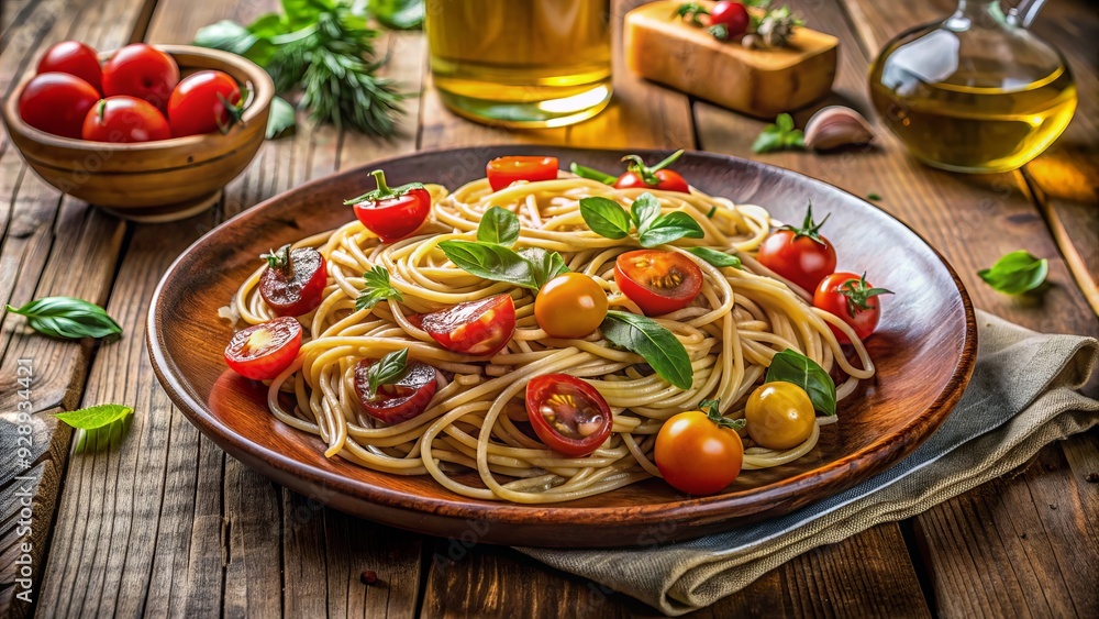 Freshly cooked whole wheat spaghetti tossed with roasted vegetables, cherry tomatoes, and a drizzle of olive oil, presented on a rustic wooden table setting. Freshly cooked whole wheat spaghetti tossed with roasted vegetables, cherry tomatoes, and a drizzle of olive oil, presented on a rustic wooden table setting.