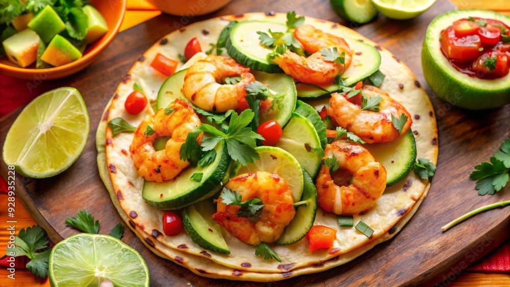 Freshly grilled shrimp atop a crispy corn tortilla, surrounded by sliced avocado, juicy lime wedges, and a sprinkle of cilantro, against a bright orange background. Freshly grilled shrimp atop a crispy corn tortilla, surrounded by sliced avocado, juicy lime wedges, and a sprinkle of cilantro, against a bright orange background.