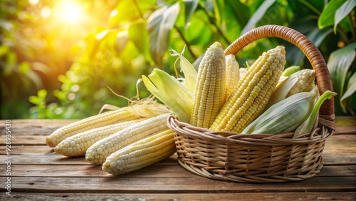 Freshly harvested ears of white corn arranged in a rustic wicker basket on a wooden table, surrounded by lush green leaves and soft sunlight.