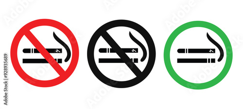 No smoking sign, no smoking signs in editable styles, Two different colored no smoking signs icons and one for smoking is allowed here