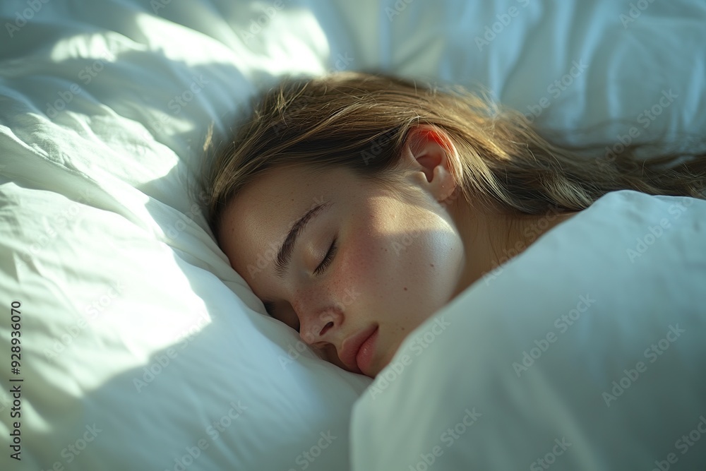 Obraz premium Peaceful Sleep Woman in White Bedding