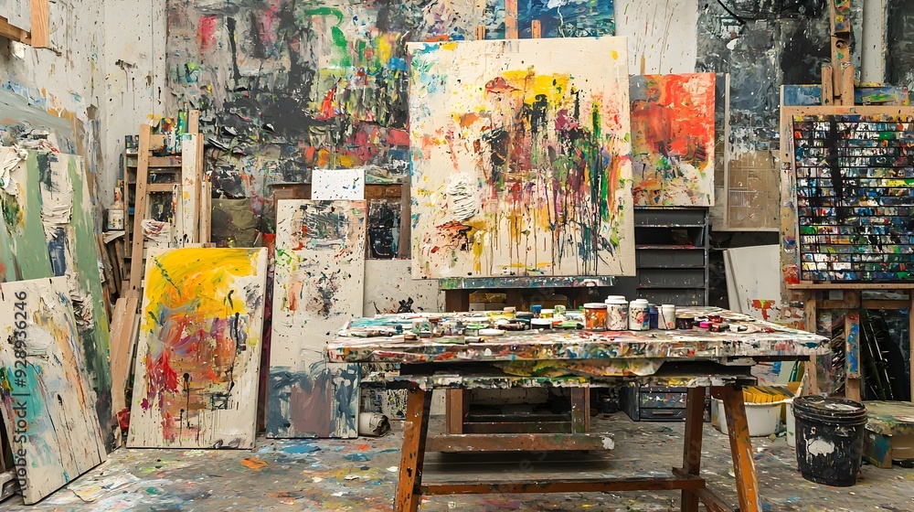Vibrant Painter's Studio Filled with Creative Supplies and Canvases Vibrant Painter's Studio Filled with Creative Supplies and Canvases