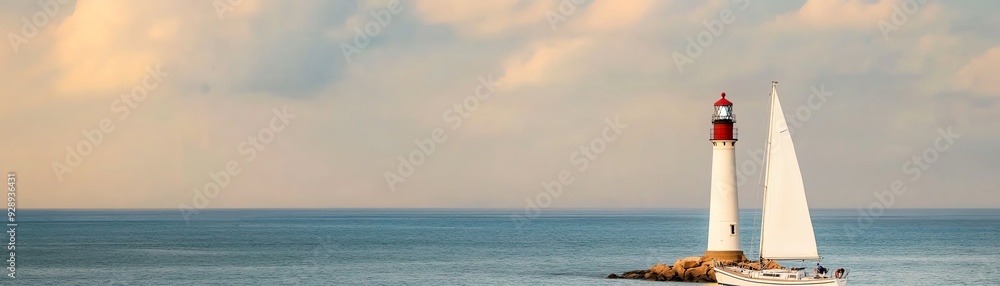Lighthouse on a rocky island with calm ocean and cloudy sky. Lighthouse on a rocky island with calm ocean and cloudy sky.
