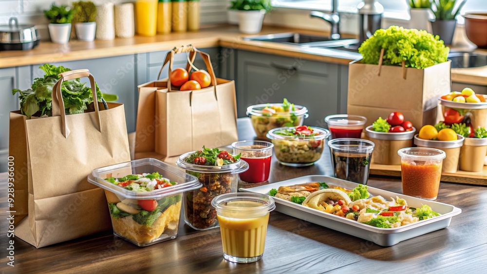 Freshly prepared food in containers and bags on a counter, awaiting pickup or delivery, with various cuisines and drinks, showcasing modern take-out culture. Freshly prepared food in containers and bags on a counter, awaiting pickup or delivery, with various cuisines and drinks, showcasing modern take-out culture.